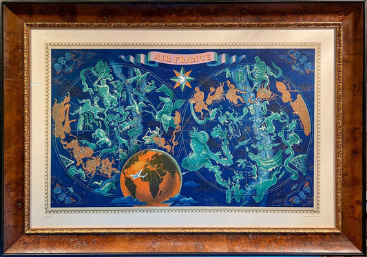 Vintage Air France travel poster framed in Burlwood with gold accents, cream mat, and Museum Glass for clarity and UV protection.