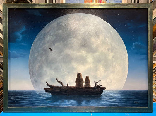 Bear canvas artwork with full moon and eagle, framed in contemporary Bella Moulding.