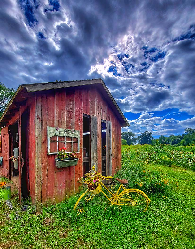 Red wooden shed with a yellow bicycle in a grassy field under a dramatic sky.
