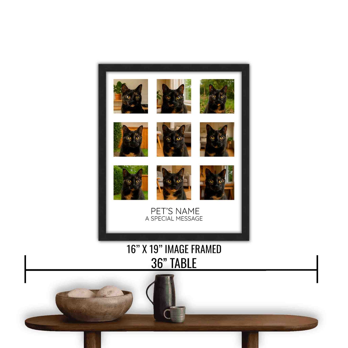 Framed collage of a cat with customizable text on a white wall above a wooden table.