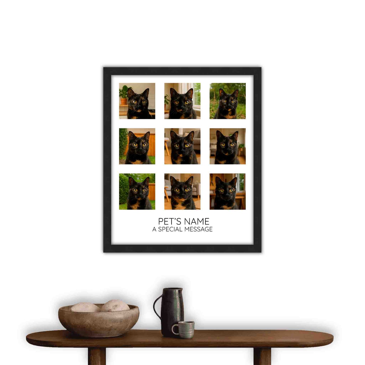 Framed collage of a cat in various poses on a white wall above a wooden console table.
