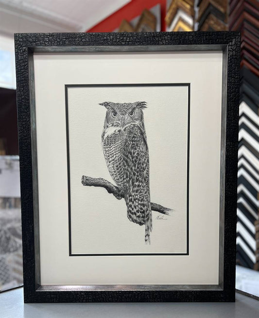 Pencil drawing of an owl framed in Larson Juhl Carbon series frame with off-white and black matting, protected with Museum Glass.