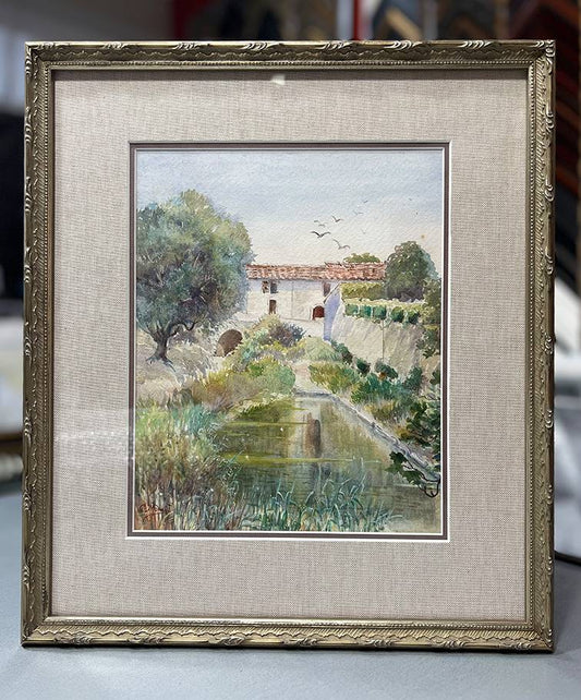 Restored watercolor in ornate silver frame with bead accents, Conservation Clear Glass, and original matting.