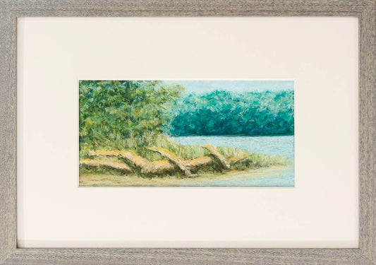 Pastel painting by Peggy Mock of the Glastonbury ferry landing, framed with an 8-ply Whitewash mat, Tahoe Blue frame, and Tru Vue Museum Glass.