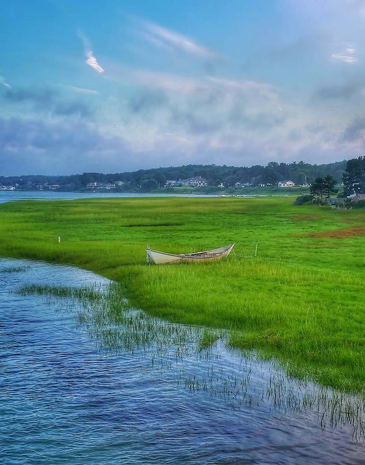 Boat on a grassy area near water with a cloudy sky