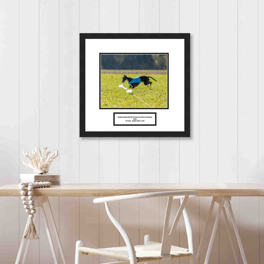 Framed picture of a dog running on grass with a white wall and table in the background