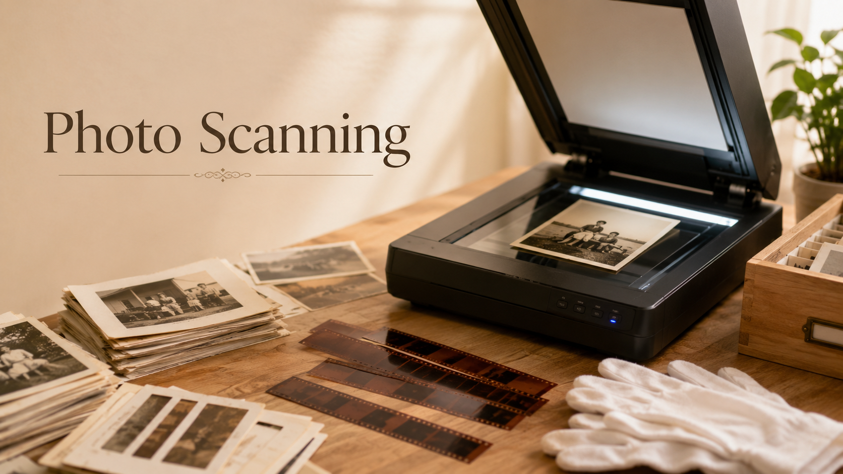 A photo scanner with its lid open, processing a vintage photograph on a wooden table surrounded by stacks of old photos, film reels, white gloves, and a small plant. The text 'Photo Scanning' is displayed on the left.