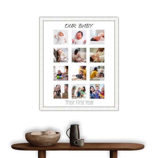 Framed collage of baby photos on a wall above a wooden console table.